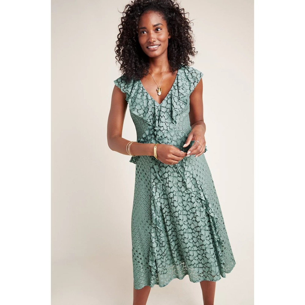 Anthropologie Blue Antoinette Ruffled Feminine Dainty Coquette Midi Dress Size 2